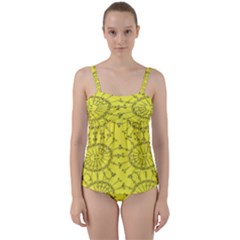 Yellow Flower Floral Circle Sexy Twist Front Tankini Set by Mariart