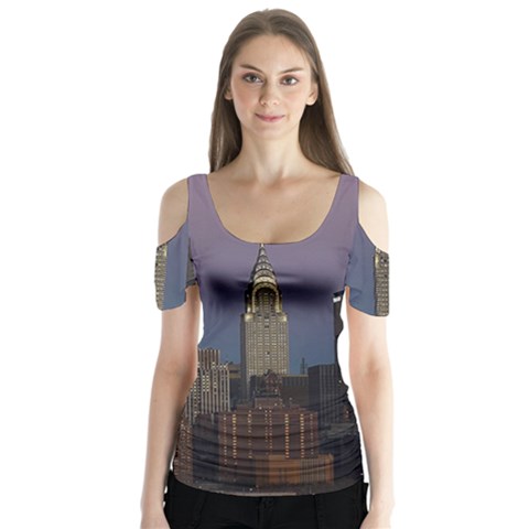 Skyline City Manhattan New York Butterfly Sleeve Cutout Tee  by BangZart