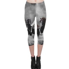 Awesome Wild Black Horses Running In The Night Capri Leggings  by FantasyWorld7