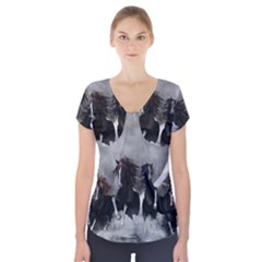 Awesome Wild Black Horses Running In The Night Short Sleeve Front Detail Top by FantasyWorld7