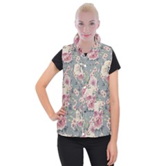 Pink Flower Seamless Design Floral Women s Button Up Puffer Vest by Nexatart