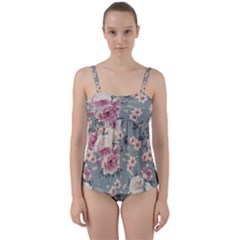 Pink Flower Seamless Design Floral Twist Front Tankini Set by Nexatart