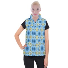 Blue Nice Daisy Flower Ang Yellow Squares Women s Button Up Puffer Vest by MaryIllustrations