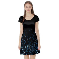 Blue Glowing Star Particle Random Motion Graphic Space Black Short Sleeve Skater Dress by Mariart