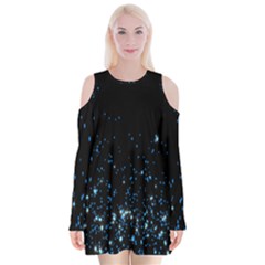 Blue Glowing Star Particle Random Motion Graphic Space Black Velvet Long Sleeve Shoulder Cutout Dress by Mariart