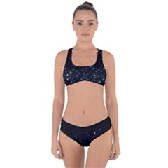 Blue Glowing Star Particle Random Motion Graphic Space Black Criss Cross Bikini Set by Mariart