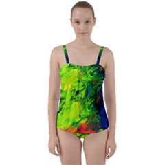Neon Rainbow Green Pink Blue Red Painting Twist Front Tankini Set by Mariart