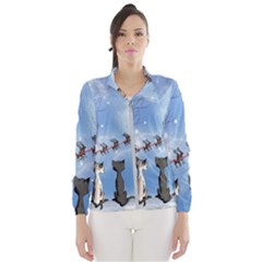 Christmas, Cute Cats Looking In The Sky To Santa Claus Wind Breaker (women) by FantasyWorld7