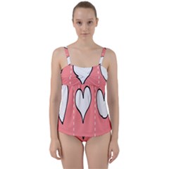 Love Heart Valentine Pink White Sexy Twist Front Tankini Set by Mariart