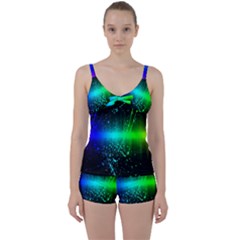 Space Galaxy Green Blue Black Spot Light Neon Rainbow Tie Front Two Piece Tankini by Mariart