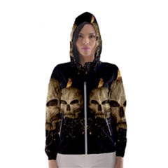 Golden Skull With Crow And Floral Elements Hooded Wind Breaker (women) by FantasyWorld7