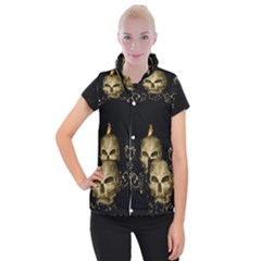 Golden Skull With Crow And Floral Elements Women s Button Up Puffer Vest by FantasyWorld7