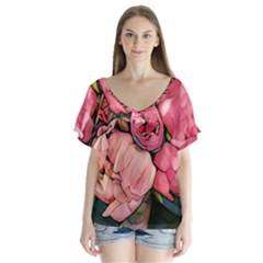Beautiful Peonies V-neck Flutter Sleeve Top by NouveauDesign