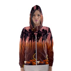 Halloween Design With Scarecrow, Crow And Pumpkin Hooded Wind Breaker (women) by FantasyWorld7