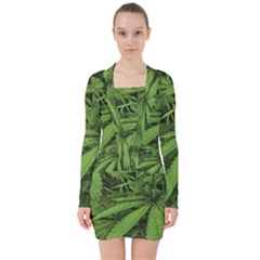 Marijuana Plants Pattern V-neck Bodycon Long Sleeve Dress by dflcprints
