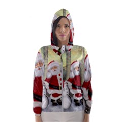 Sanata Claus With Snowman And Christmas Tree Hooded Wind Breaker (women) by FantasyWorld7