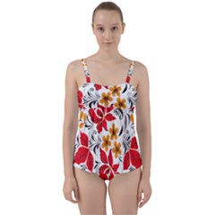 Flower Red Rose Star Floral Yellow Black Leaf Twist Front Tankini Set