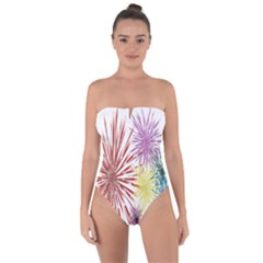 Happy New Year City Semmes Fireworks Rainbow Red Blue Yellow Purple Sky Tie Back One Piece Swimsuit by AnjaniArt