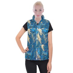 Ocean Blue Gold Marble Women s Button Up Puffer Vest by NouveauDesign