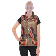 Awesome Horse  With Skull In Red Colors Women s Button Up Puffer Vest by FantasyWorld7