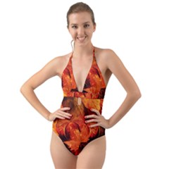 Ablaze With Beautiful Fractal Fall Colors Halter Cut-out One Piece Swimsuit by jayaprime