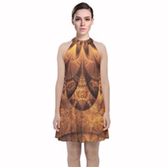 Beautiful Gold And Brown Honeycomb Fractal Beehive Velvet Halter Neckline Dress  by jayaprime