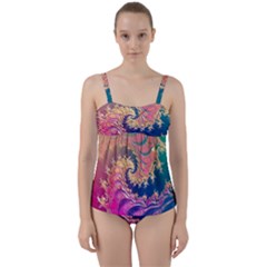 Rainbow Octopus Tentacles In A Fractal Spiral Twist Front Tankini Set by jayaprime