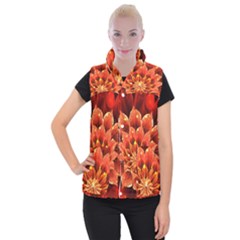 Beautiful Ruby Red Dahlia Fractal Lotus Flower Women s Button Up Puffer Vest by jayaprime