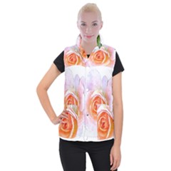 Pink Rose Flower, Floral Watercolor Aquarel Painting Art Women s Button Up Puffer Vest by picsaspassion