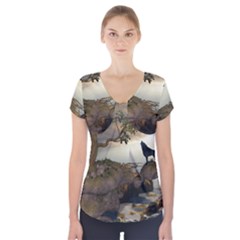 The Lonely Wolf On The Flying Rock Short Sleeve Front Detail Top by FantasyWorld7