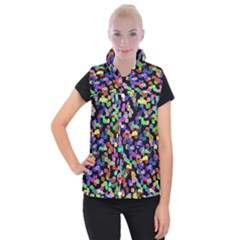 Colorful Paint Strokes On A Black Background                                   Women s Button Up Puffer Vest by LalyLauraFLM