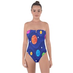 Planet Space Moon Galaxy Sky Blue Polka Tie Back One Piece Swimsuit by Mariart