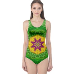Feathers In The Sunshine Mandala One Piece Swimsuit by pepitasart