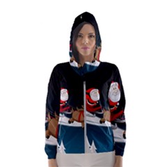 Christmas Reindeer Santa Claus Snow Star Blue Sky Hooded Wind Breaker (women) by Alisyart