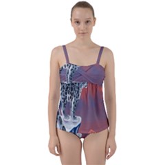 Lion Tigel Chetah Animals Snow Moon Blue Sky Twist Front Tankini Set by Alisyart