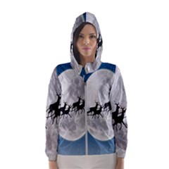 Santa Claus Christmas Fly Moon Night Blue Sky Hooded Wind Breaker (women) by Alisyart