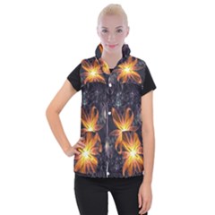 Beautiful Orange Star Lily Fractal Flower At Night Women s Button Up Puffer Vest by jayaprime