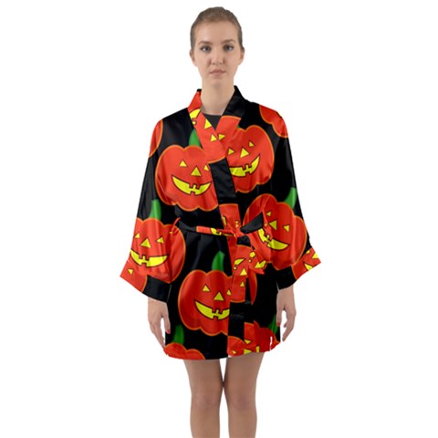 Halloween Party Pumpkins Face Smile Ghost Orange Black Long Sleeve Kimono Robe