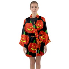 Halloween Party Pumpkins Face Smile Ghost Orange Black Long Sleeve Kimono Robe by Alisyart