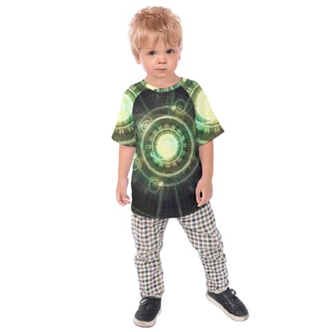 Green Chaos Clock, Steampunk Alchemy Fractal Mandala Kids Raglan Tee by jayaprime