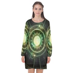 Green Chaos Clock, Steampunk Alchemy Fractal Mandala Long Sleeve Chiffon Shift Dress  by jayaprime