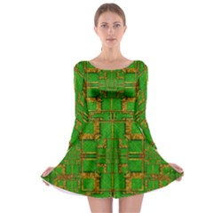 Golden Green And  Sunshine Pop Art Long Sleeve Skater Dress by pepitasart