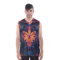 Beautiful Fiery Orange & Blue Fractal Orchid Flower Men s Basketball Tank Top by jayaprime