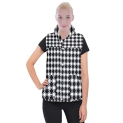 Black White Square Diagonal Pattern Seamless Women s Button Up Puffer Vest by Celenk