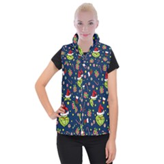 Grinch Pattern Women s Button Up Puffer Vest by Valentinaart