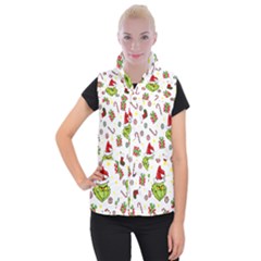 Grinch Pattern Women s Button Up Puffer Vest by Valentinaart