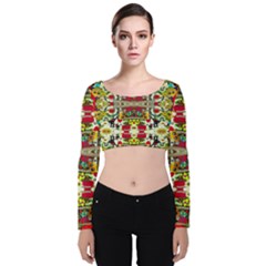 Chicken Monkeys Smile In The Floral Nature Looking Hot Velvet Long Sleeve Crop Top by pepitasart