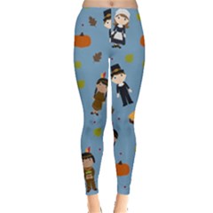 Pilgrims And Indians Pattern - Thanksgiving Leggings  by Valentinaart