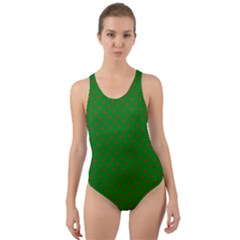 Mini Red Dots On Christmas Green Cut-out Back One Piece Swimsuit by PodArtist