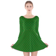 Mini Red Dots On Christmas Green Long Sleeve Velvet Skater Dress by PodArtist